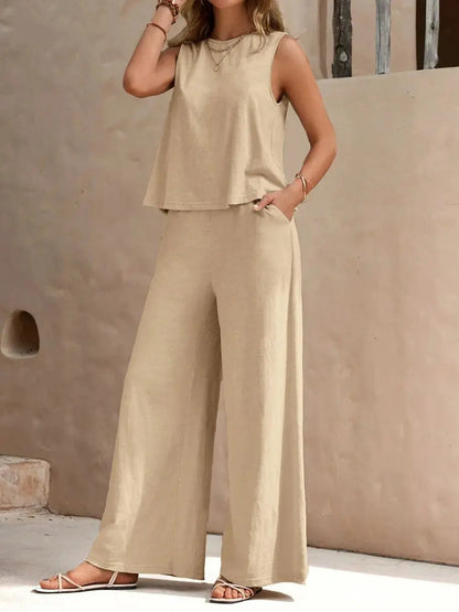 Ensemble haut sans manches à col rond et pantalon large eprolo
