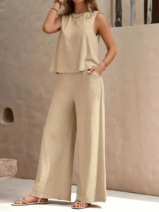 Ensemble haut sans manches à col rond et pantalon large eprolo