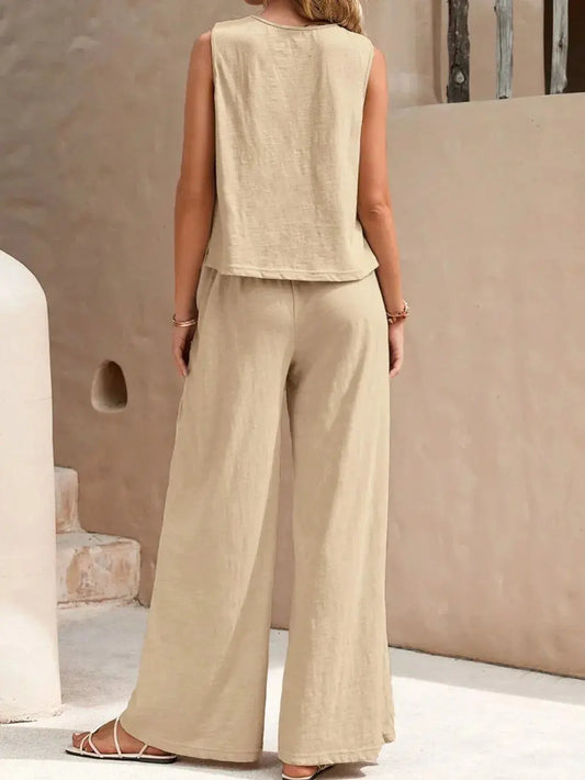 Ensemble haut sans manches à col rond et pantalon large eprolo