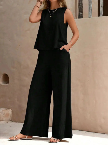 Ensemble haut sans manches à col rond et pantalon large eprolo