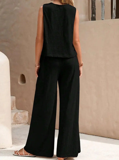Ensemble haut sans manches à col rond et pantalon large eprolo