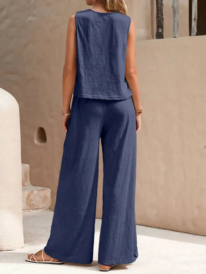 Ensemble haut sans manches à col rond et pantalon large eprolo