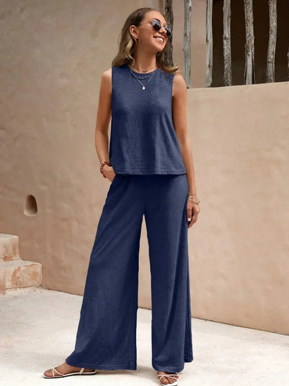 Ensemble haut sans manches à col rond et pantalon large eprolo