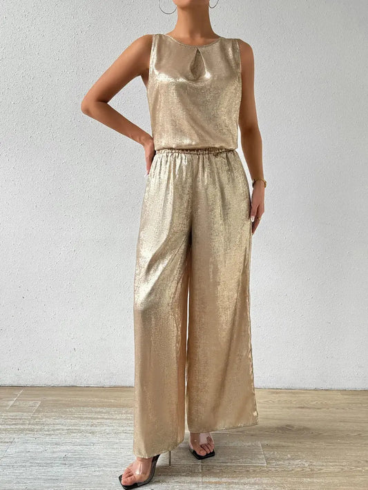 Ensemble haut sans manches et pantalon large tombant, brillant doré. eprolo