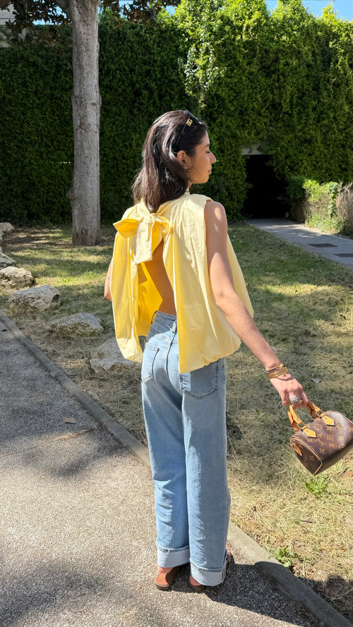 Blouse Ana jaune, sans manches et dos nu à nouer