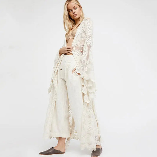 Haut chemisier, Kimono long en dentelle à manches évasées, style bohème. eprolo