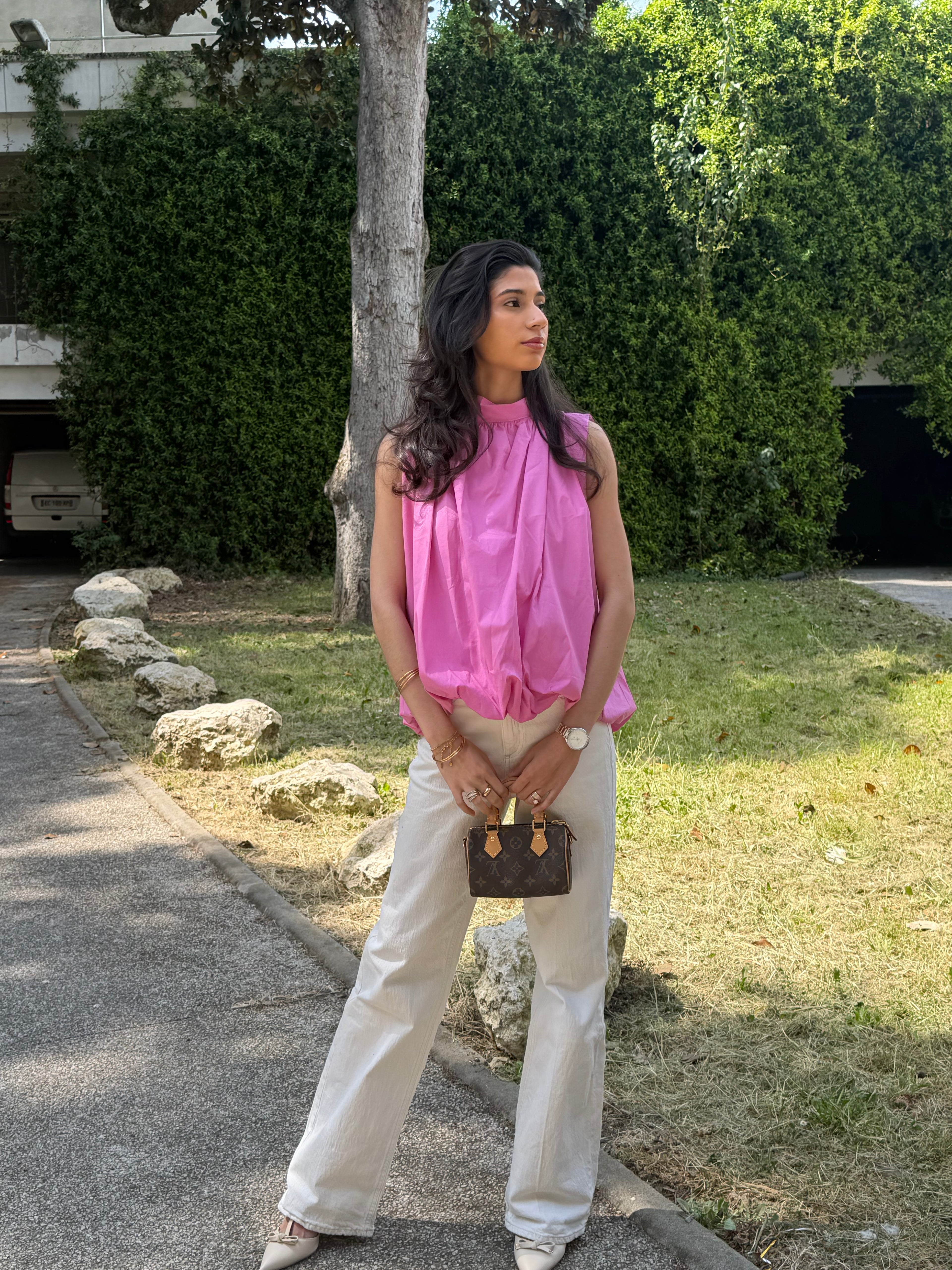 Blouse Ana fuchsia, sans manches et dos nu à nouer