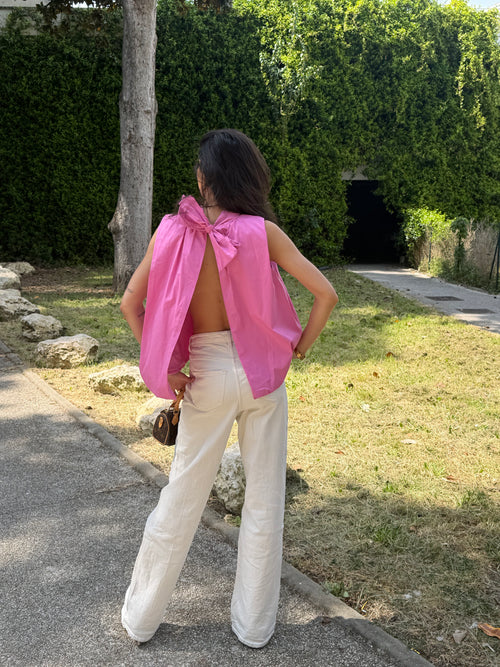 Blouse Ana fuchsia, sans manches et dos nu à nouer