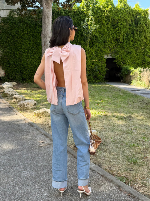 Blouse Ana rose, sans manches et dos nu à nouer