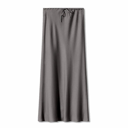 Jupe longue en satin, jupe taille haute nouée avec cordon de serrage. eprolo