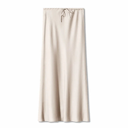 Jupe longue en satin, jupe taille haute nouée avec cordon de serrage. eprolo