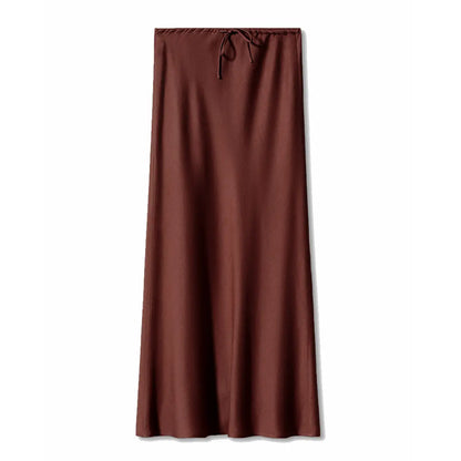 Jupe longue en satin, jupe taille haute nouée avec cordon de serrage. eprolo