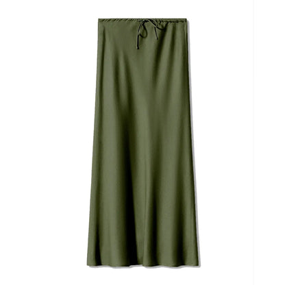 Jupe longue en satin, jupe taille haute nouée avec cordon de serrage. eprolo