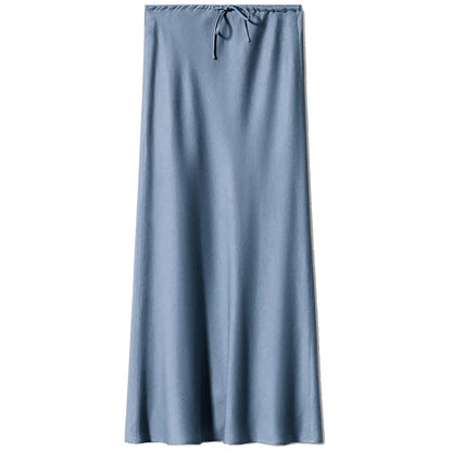 Jupe longue en satin, jupe taille haute nouée avec cordon de serrage. eprolo