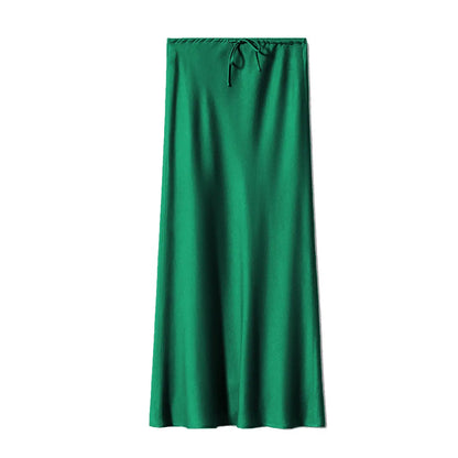 Jupe longue en satin, jupe taille haute nouée avec cordon de serrage. eprolo