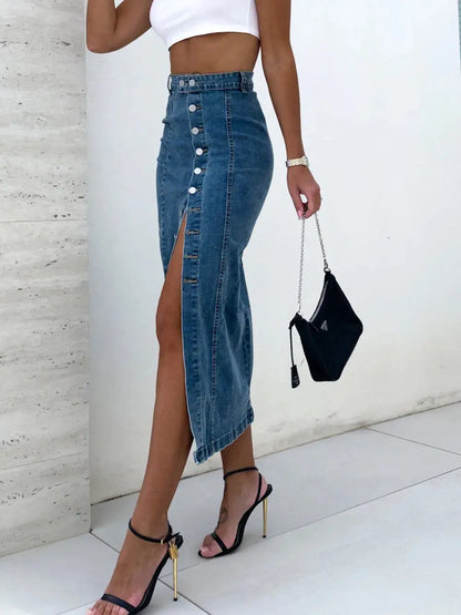 Jupe midi en jean fendue et boutonnée eprolo