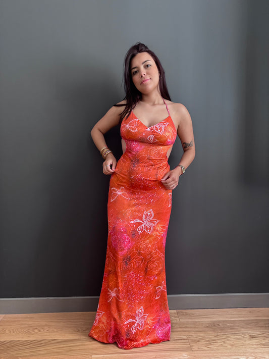 La robe Amy - robe longue, imprimé fleuri, dos nu. eprolo