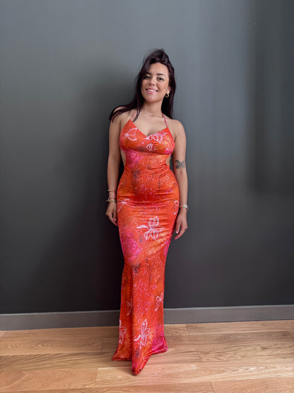 La robe Amy - robe longue, imprimé fleuri, dos nu. eprolo