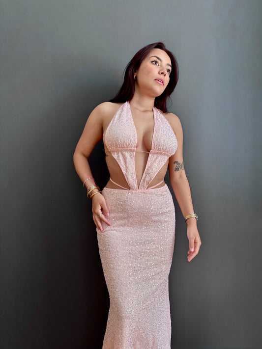 La robe Selma - Robe à sequins pailletée, col licou, décolleté en V profond, sans manches eprolo