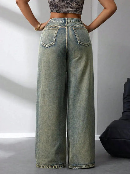 Pantalon jean taille haute à jambes larges eprolo