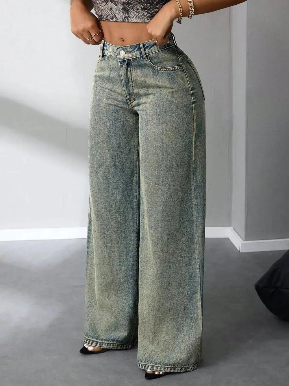 Pantalon jean taille haute à jambes larges eprolo