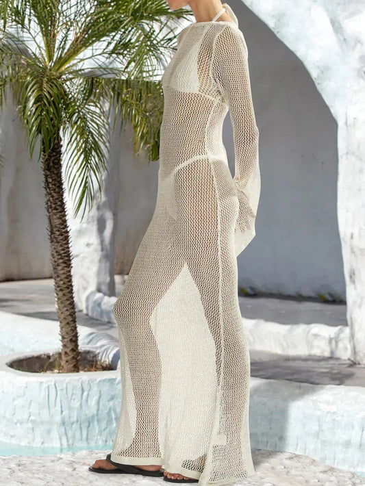 Robe cache-maillot dos nu ajourée à manches évasées eprolo