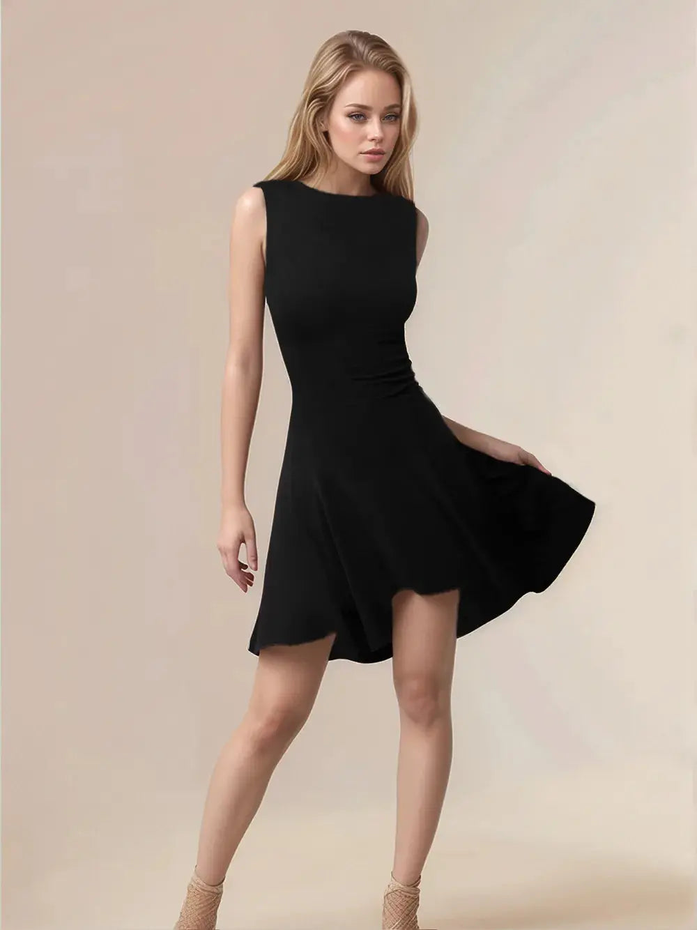 Robe courte Soraya, sans manches à col rond et ourlet asymétrique. eprolo