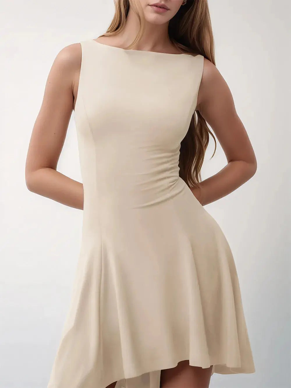 Robe courte Soraya, sans manches à col rond et ourlet asymétrique. eprolo
