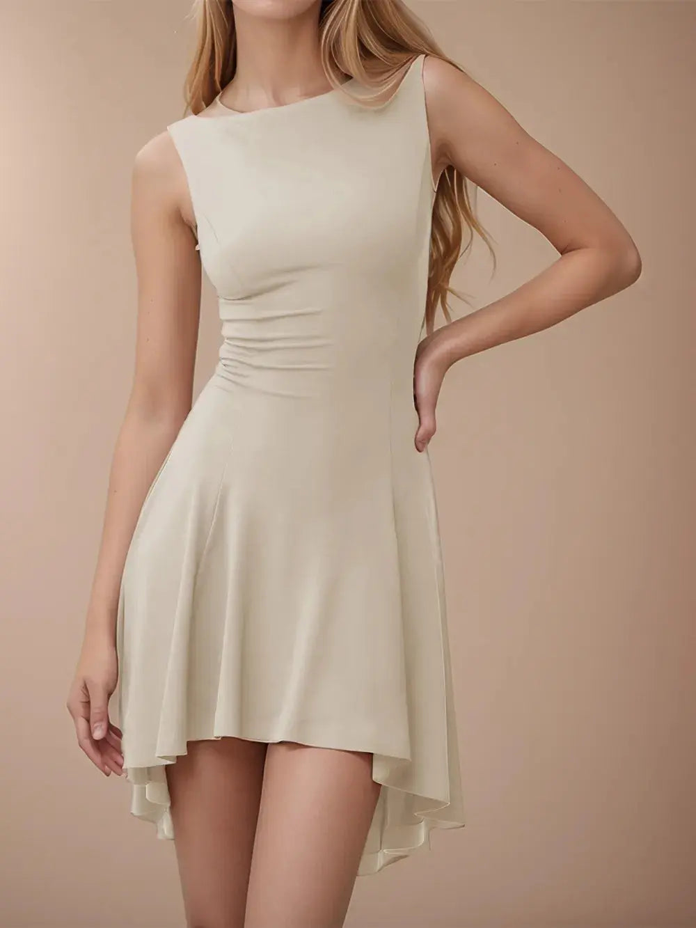 Robe courte Soraya, sans manches à col rond et ourlet asymétrique. eprolo