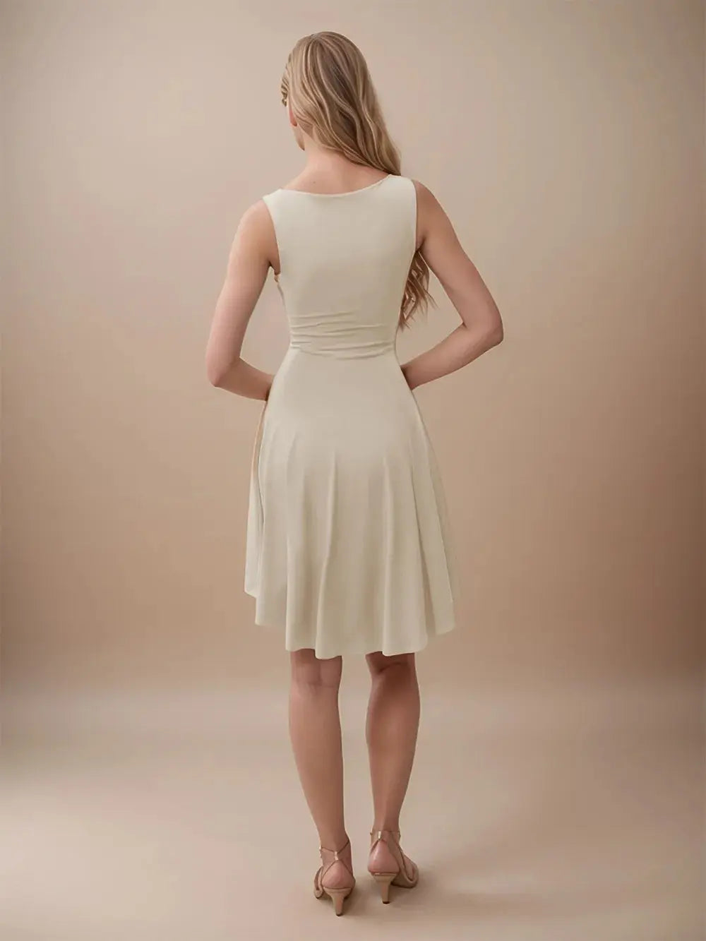 Robe courte Soraya, sans manches à col rond et ourlet asymétrique. eprolo