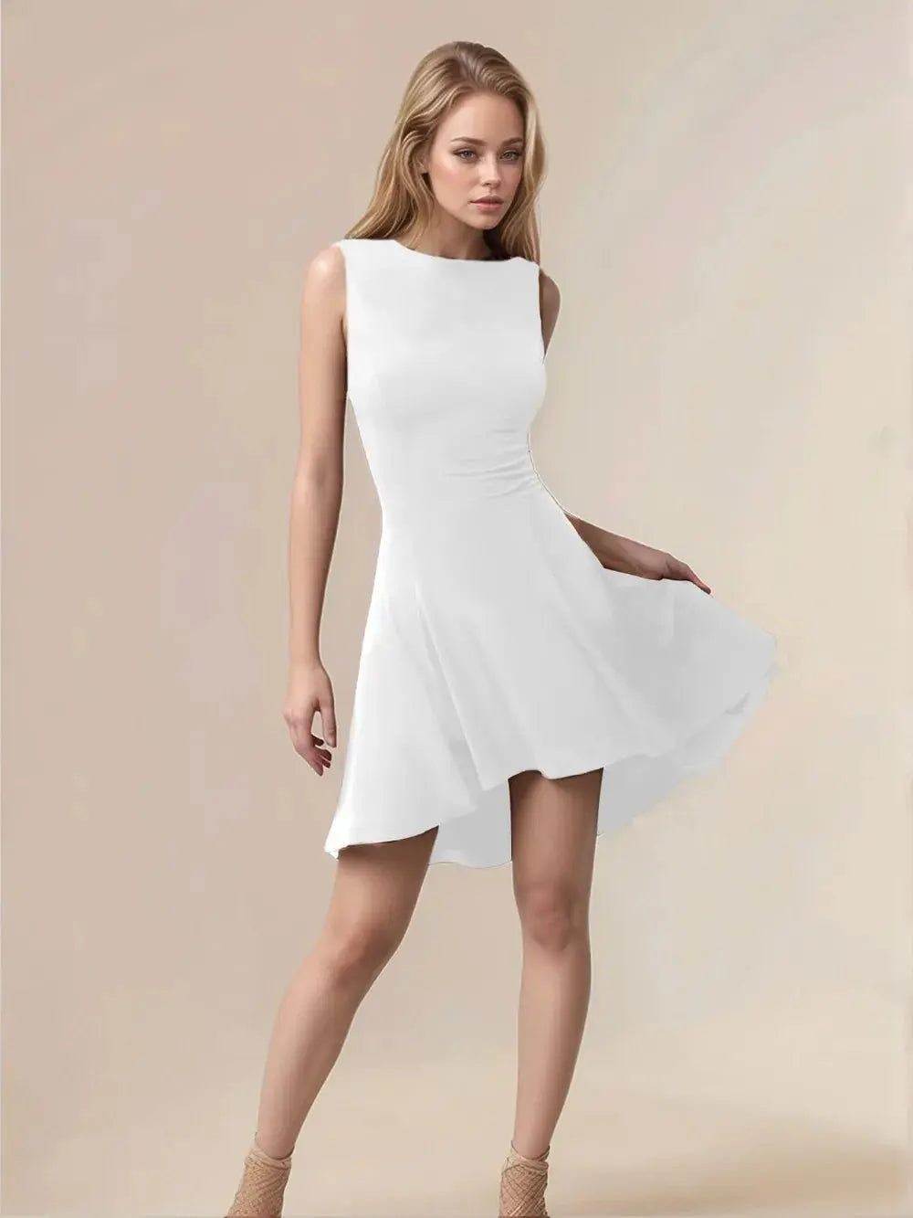 Robe courte Soraya, sans manches à col rond et ourlet asymétrique. eprolo