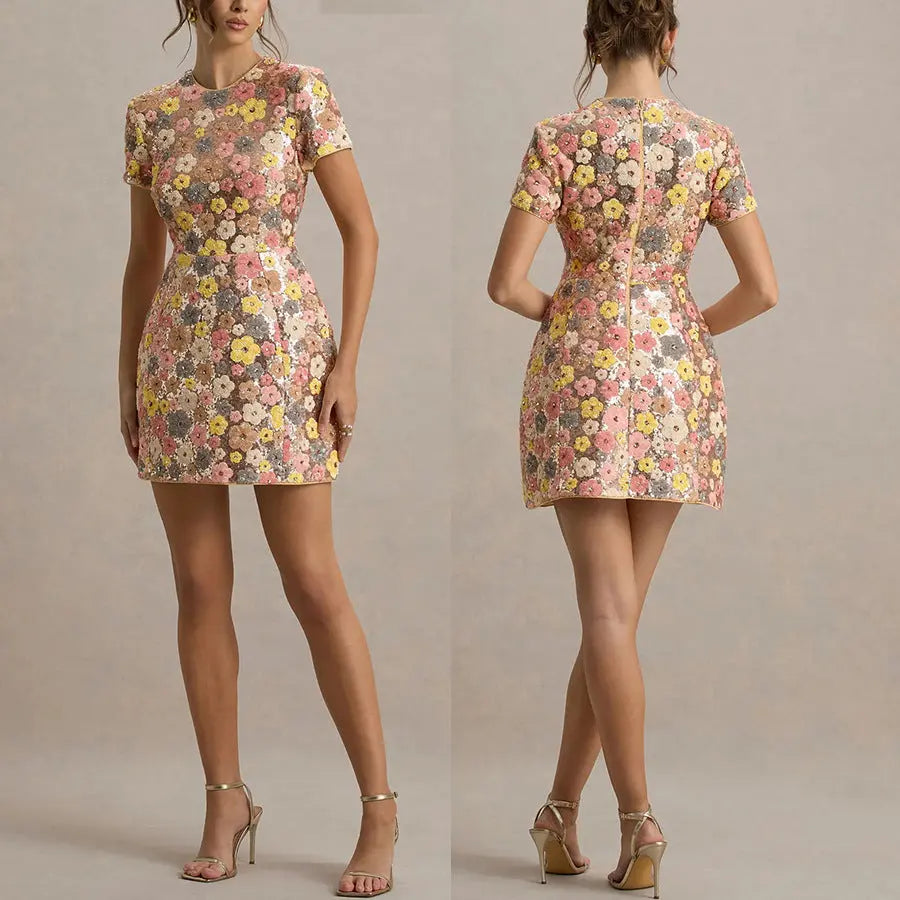 Robe courte Stella à manches courtes, fleurie et col rond à paillettes eprolo