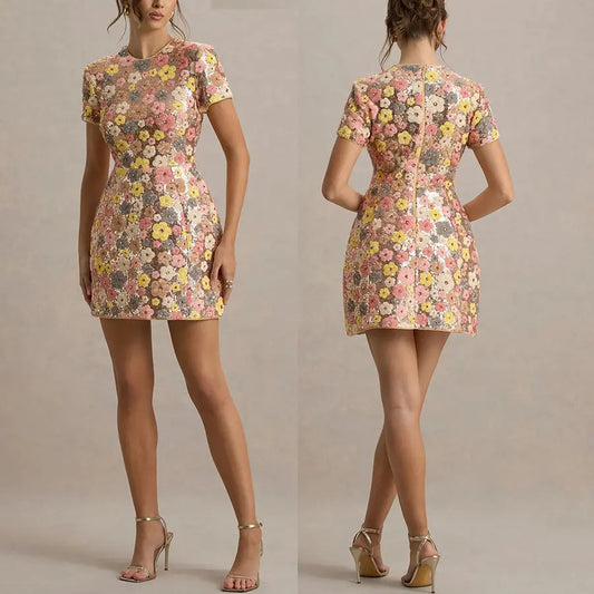 Robe courte Stella à manches courtes, fleurie et col rond à paillettes eprolo