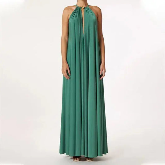 Robe longue Anne, à col en V, dos nu et sans manches. eprolo
