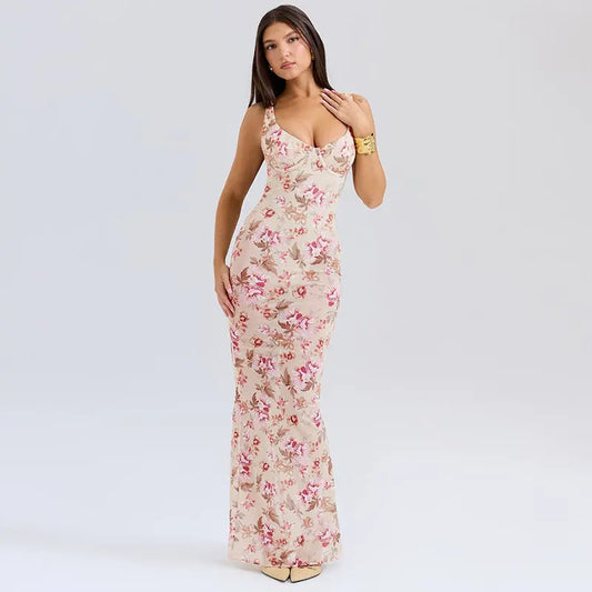 Robe longue Ariana, coupe ajustée, imprimé floral, décolleté en V profond. eprolo