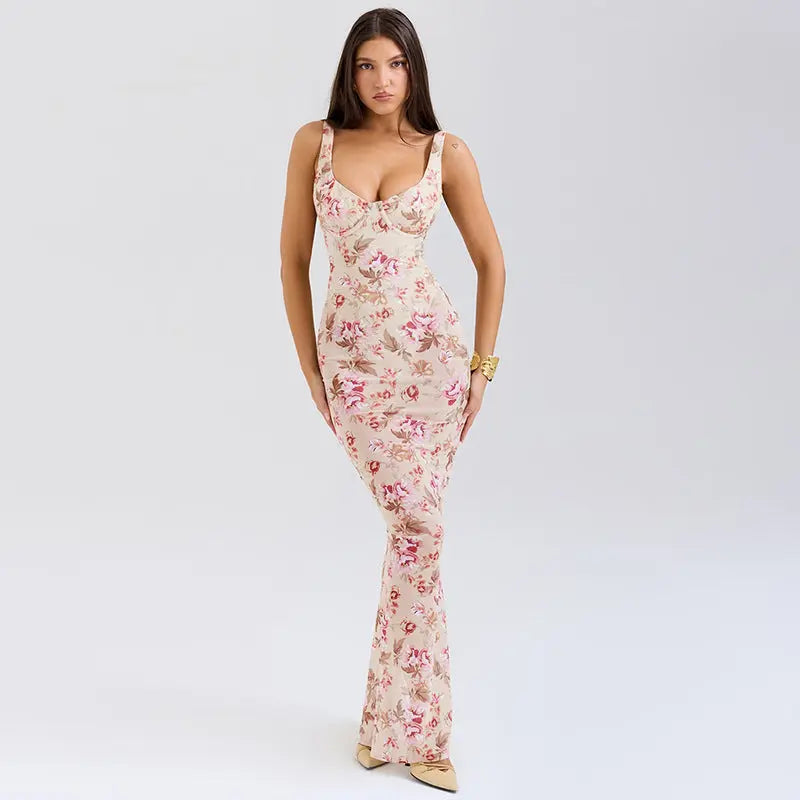 Robe longue Ariana, coupe ajustée, imprimé floral, décolleté en V profond. eprolo