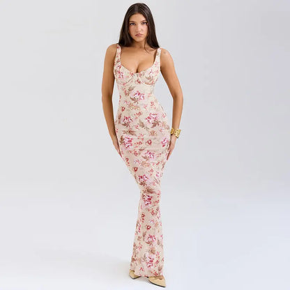 Robe longue Ariana, coupe ajustée, imprimé floral, décolleté en V profond. eprolo