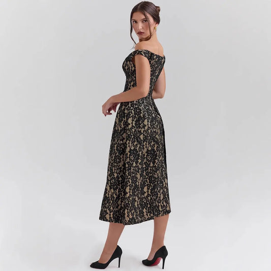 Robe longue Cassandra, robe midi imprimée, coupe ajustée, cintrée à la taille. eprolo