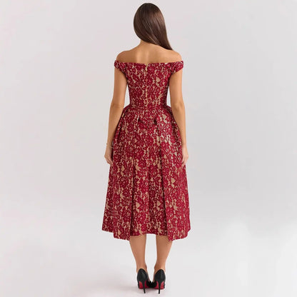 Robe longue Cassandra, robe midi imprimée, coupe ajustée, cintrée à la taille. eprolo