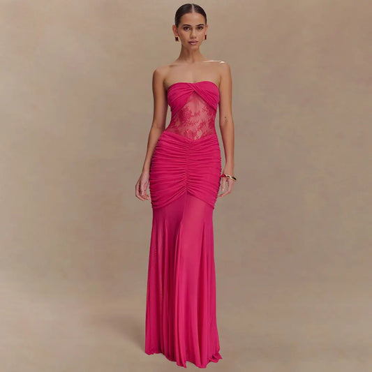 Robe longue Cataleya, bustier, plissée et ventre en transparence avec dentelles. eprolo