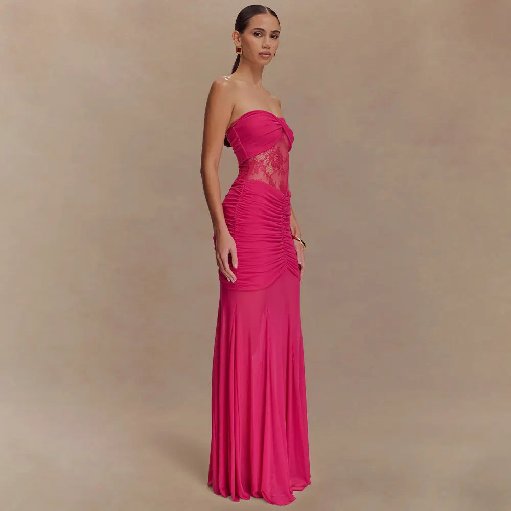 Robe longue Cataleya, bustier, plissée et ventre en transparence avec dentelles. eprolo
