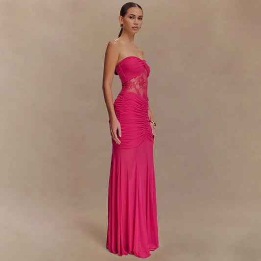 Robe longue Cataleya, bustier, plissée et ventre en transparence avec dentelles. eprolo