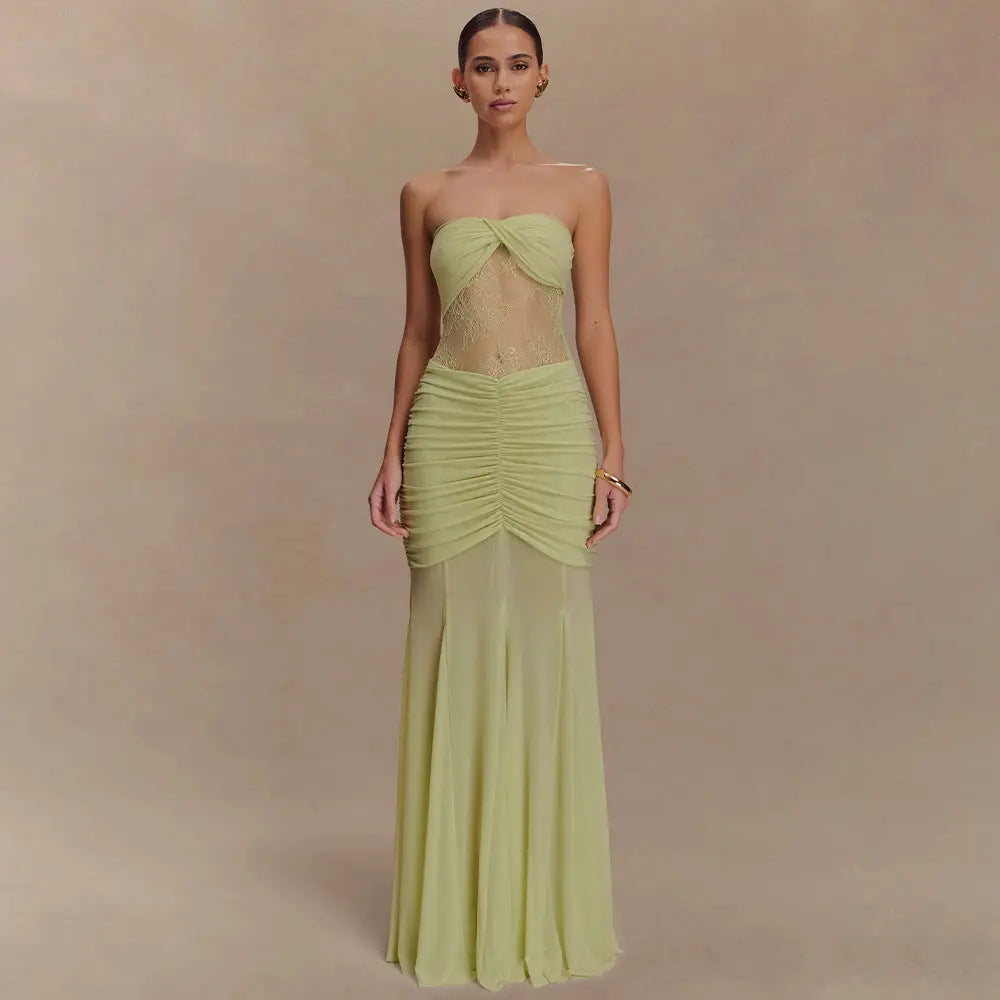 Robe longue Cataleya, bustier, plissée et ventre en transparence avec dentelles. eprolo