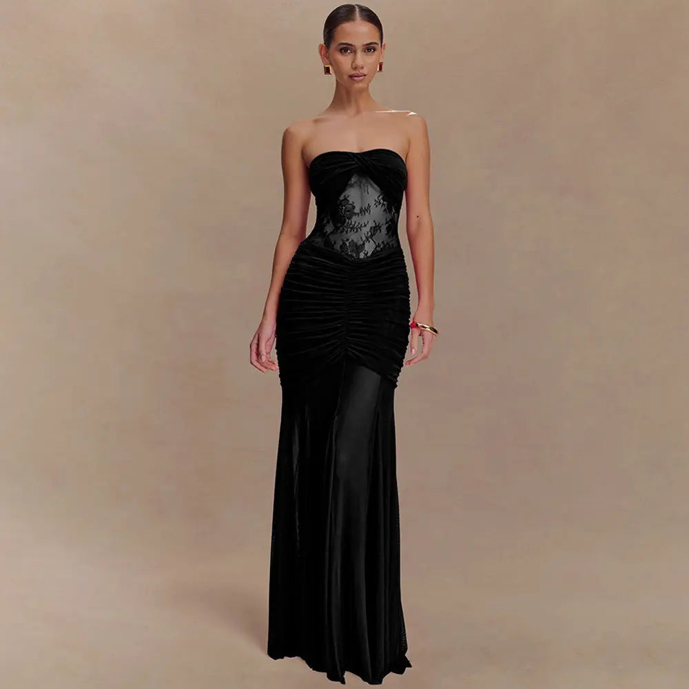 Robe longue Cataleya, bustier, plissée et ventre en transparence avec dentelles. eprolo