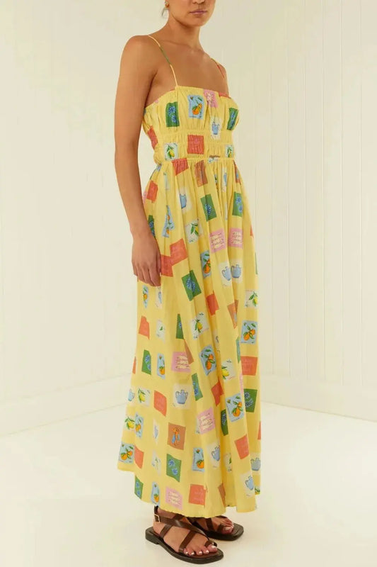 Robe longue Cathia, caraco imprimée à col carré eprolo