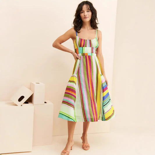 Robe longue Clarisse, robe midi à rayures colorées, dos nu, jupe trapèze. eprolo
