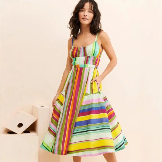 Robe longue Clarisse, robe midi à rayures colorées, dos nu, jupe trapèze. eprolo