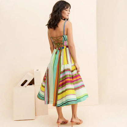 Robe longue Clarisse, robe midi à rayures colorées, dos nu, jupe trapèze. eprolo