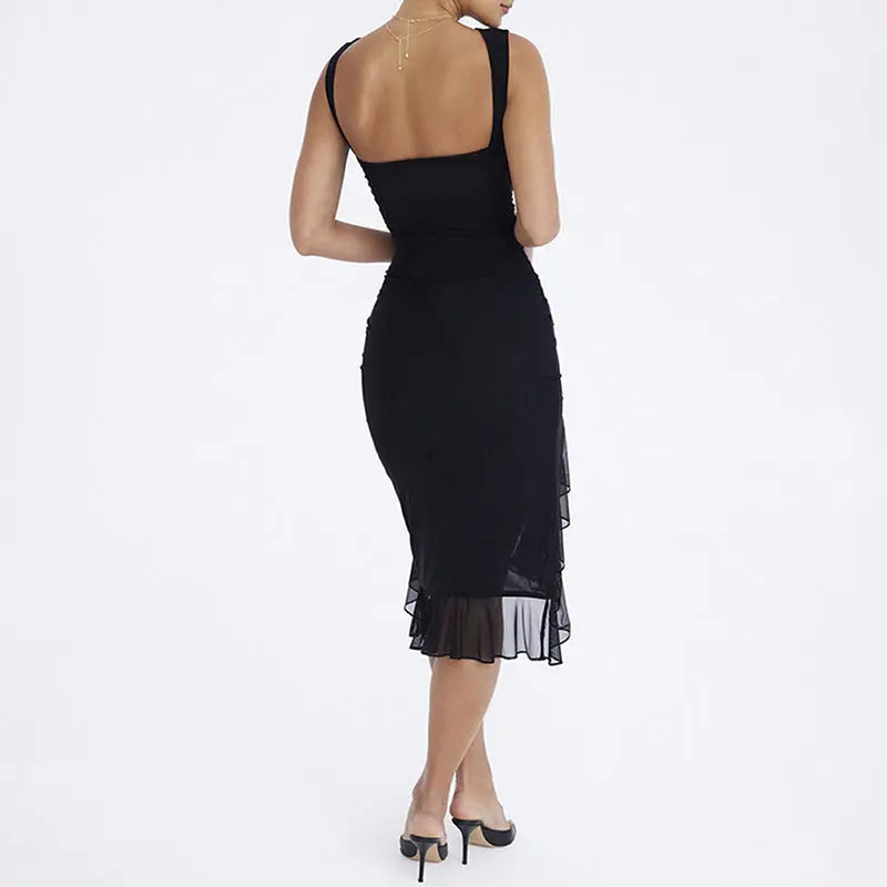 Robe longue Lara, robe midi sans manches, jupe irrégulière fendue. eprolo