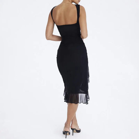 Robe longue Lara, robe midi sans manches, jupe irrégulière fendue. eprolo